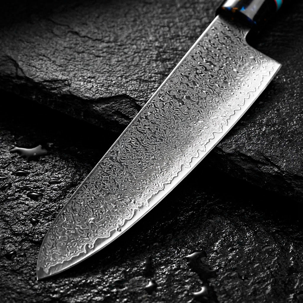 8-Piece Damascus Chef Knife Set VG10 with Black Speckled Resin Handles - Image 3